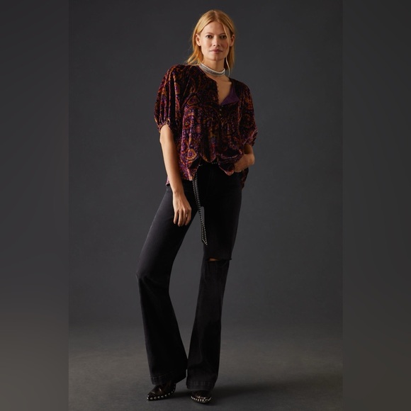 Anthropologie Puff-Sleeve Velour Peasant Paisley Blouse - Picture 3 of 13